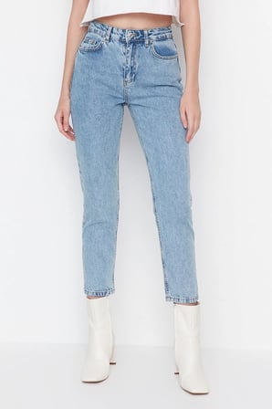 Kadın Kar Yıkama Mom Açık Mavi Yüksek Bel Boyfriend Jean