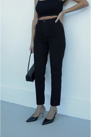 MR Yüksek Bel Likralı Siyah Solmaz Boyfriend Jeans Esnek Mom Kot Pantolon