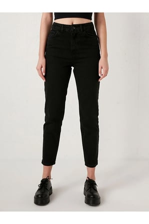 Solmaz Siyah Mom Kot Pantolon Likralı Yüksek Bel Siyah Mom Jeans Ekstra Rahat Black Mom