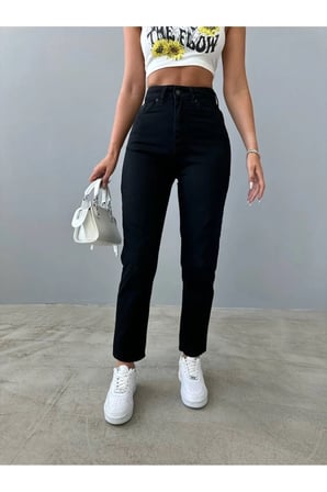 Mercan Kadın Siyah Yüksek Bel Mom Kalıp Jean