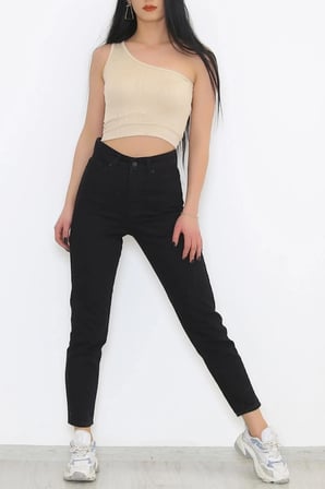 Kadın Yüksek Bel Siyah Mom Jeans Likralı Esnek Kot Pantolon
