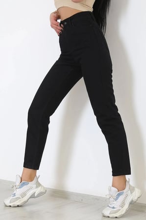 Kadın Yüksek Bel Siyah Mom Jeans Likralı Esnek Kot Pantolon