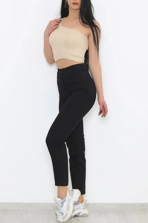 Kadın Yüksek Bel Siyah Mom Jeans Likralı Esnek Kot Pantolon