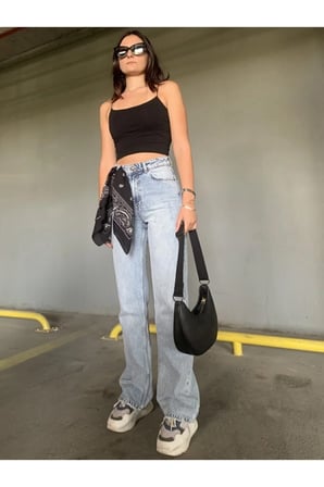 Milano Açık Mavi Kar Yıkama Yüksek Bel Salaş Paça Denim Kot Pantolon