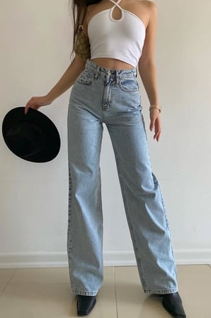 Tommy 90's Açık Kar Yıkama Mavi Likralı Süper Yüksek Bel Salaş Jeans Palazzo Pantolon 2024