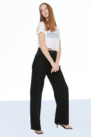 Julia kadın Siyah Yüksek Bel Bol Paça Denim Kot Pantolon