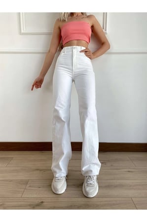 Jean Beyaz Likralı Bol Paça Jean - Salaş Wide Leg Kot Pantolon (SÜPER YÜKSEK)jean