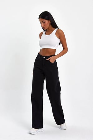Siyah Yüksek Bel Fermuarlı Wideleg Jean Pantalon