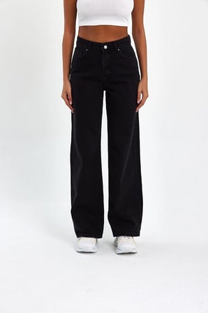 Siyah Yüksek Bel Fermuarlı Wideleg Jean Pantalon
