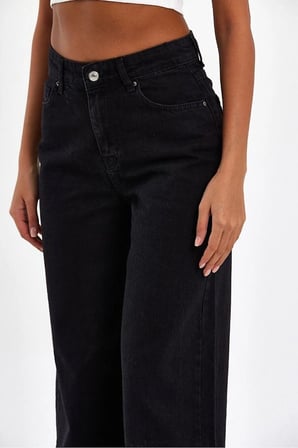 Siyah Yüksek Bel Fermuarlı Wideleg Jean Pantalon