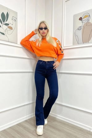 Star Yüksek Bel Koyu Mavi Jeans Lacivert İspanyol Paça Kot Pantolon