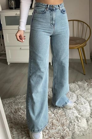 Gabrielle Mavi Kar Yıkama Power Likralı Süper Yüksek Bel Salaş Jeans Palazzo Pantolon 2024