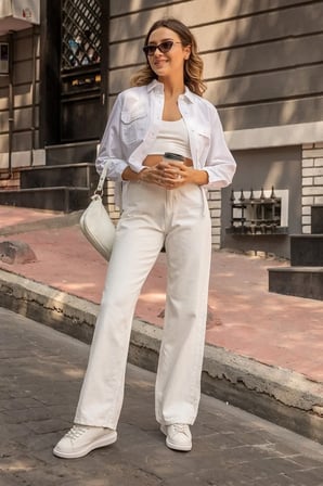 Basic Kadın Beyaz Renk Wide Leg Kalıp Yüksek Bel Jeanjean