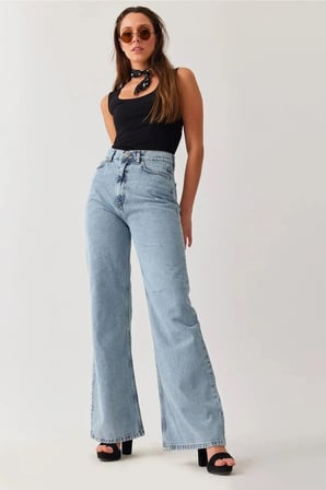 Esperenza 90's Kar Yıkama Mavi Likralı Süper Extra Yüksek Bel Wideleg Palazzo Salaş