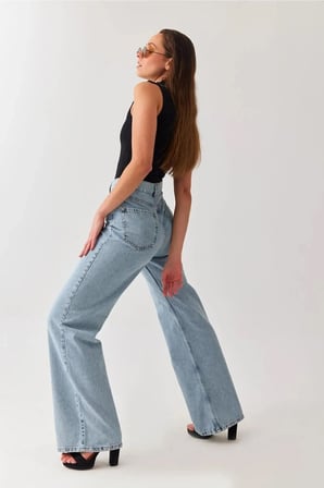 Esperenza 90's Kar Yıkama Mavi Likralı Süper Extra Yüksek Bel Wideleg Palazzo Salaş