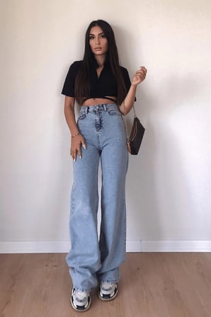 Isabella Berry 90's Kar Yıkama Mavi Likralı Süper Yüksek Bel wide Leg Salaş Jeans Palazzo Pantolon
