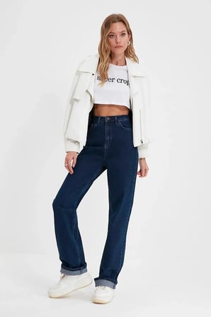 Lacivert 90's Likralı Süper Yüksek Bel Salaş Jeans Palazzo Pantolon Wide Leg