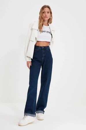 Lacivert 90's Likralı Süper Yüksek Bel Salaş Jeans Palazzo Pantolon Wide Leg