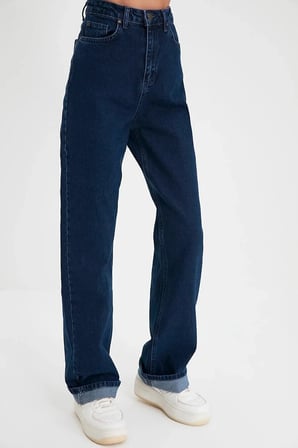 Lacivert 90's Likralı Süper Yüksek Bel Salaş Jeans Palazzo Pantolon Wide Leg
