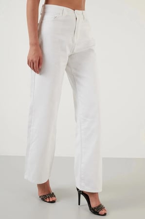 Beyaz Süper Yüksek Bel Salaş Düz Jeans Palazzo Pantolon( Süper Yüksek ) Wide Legjean