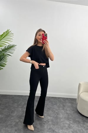 JNX Lara Kadın Siyah Geniş Paça Likralı Denim Jean Pantolon