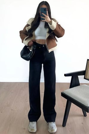 Nasus Siyah Yüksekbel Likralı Palazzo Salaş Jeans (SÜPER YÜKSEK)