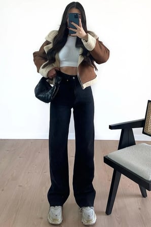 Nasus Siyah Yüksekbel Likralı Palazzo Salaş Jeans (SÜPER YÜKSEK)