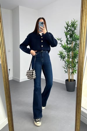 JNX Lara Kadın Lacivert Geniş Paça Likralı Denim Jean Pantolon