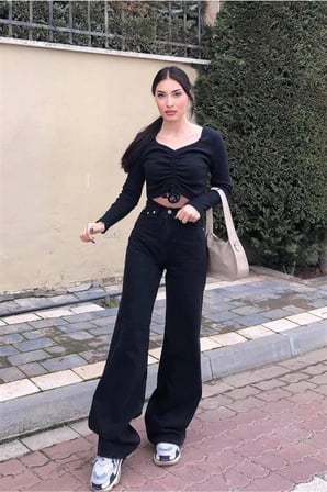 Simsiyah 90's Likralı Süper Yüksek Bel Salaş Jeans Palazzo Pantolon
