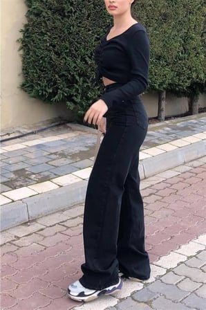 Simsiyah 90's Likralı Süper Yüksek Bel Salaş Jeans Palazzo Pantolon