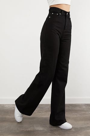 Yüksek Bel Kadın Siyah Kot Pantolon Siyah Salaş Jeans Likralı Esnek Palazzo 2024