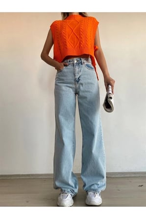Kadın Kar Yıkama Yüksek Bel Bol Paça Denim Jeans