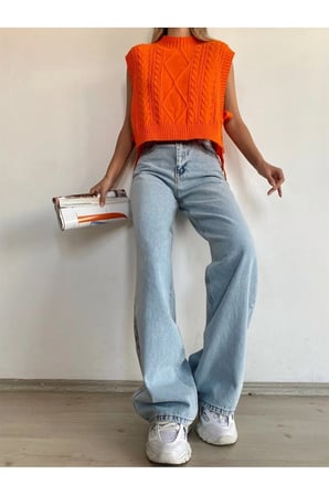 Kadın Kar Yıkama Yüksek Bel Bol Paça Denim Jeans