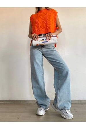 Kadın Kar Yıkama Yüksek Bel Bol Paça Denim Jeans