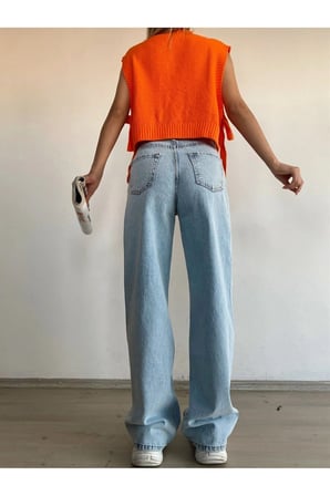 Kadın Kar Yıkama Yüksek Bel Bol Paça Denim Jeans