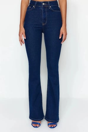 Flare Women Koyu Mavi Ispanyol Paça Kot Pantolon Yüksek Bel Flare Jeans Toparlayıcı