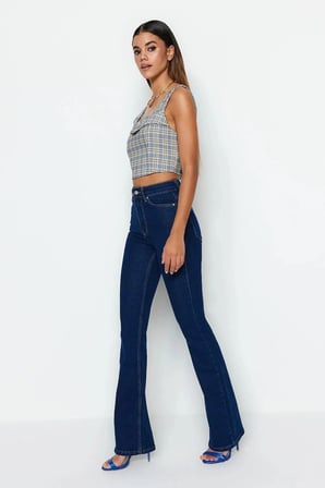 Flare Women Koyu Mavi Ispanyol Paça Kot Pantolon Yüksek Bel Flare Jeans Toparlayıcı