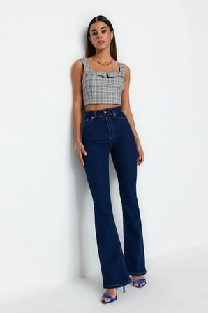 Flare Women Koyu Mavi Ispanyol Paça Kot Pantolon Yüksek Bel Flare Jeans Toparlayıcı