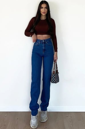 Yüksek Bel Bol Paça Denim Kot Pantolon, Bol Kesim Palazzo Kot Pantolon