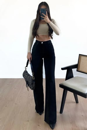 Siyah Wide Leg Etkili Fermuarlı Süper Yüksek Bel Jeans Salaş Kot Pantolon ( Solmaz Kumaş)jean