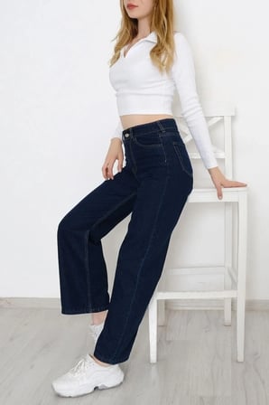 Multy 90's Lacivert Likralı Süper Extra Yüksek Bel Palazzo Salaş Jean Pantolon Wide Leg