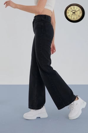Chriss Kadın Salaş Solmayan Siyah Süper Yüksek Bel 90's Wide Leg Comfort Likralı Palazzo Jeans