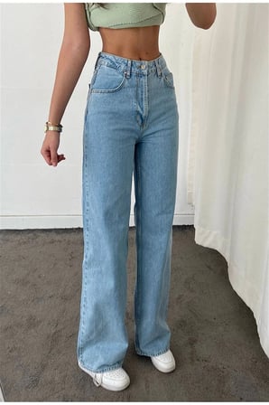 Kadın Yüksek Bel Mavi Kar Yıkama Salaş Jeans Esnek Palazzo Kot Pantolon 2024