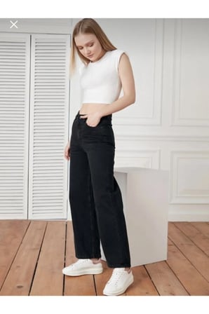 Kadın Siyah Palazzo Yüksel Bel Bol Paça Kot Pantolon Pink(1 beden büyük alınız)
