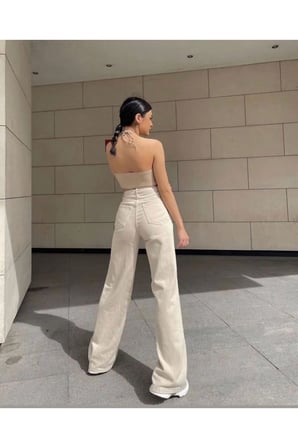 Palazzo BEJ Trend Bol Paça Yüksek Bel Kadın Kot Pantolon