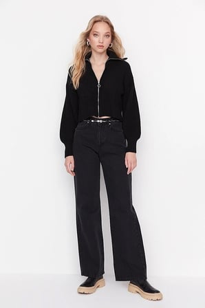 Siyah Rahat Kalıp Wide Leg Jeans - Salaş Süper Yüksek Belli Likralı Kot Pantolonjean