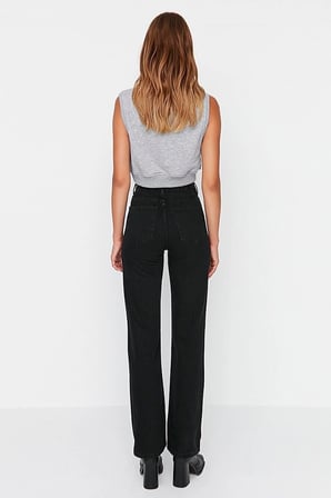 Siyah Rahat Kalıp Wide Leg Jeans - Salaş Süper Yüksek Belli Likralı Kot Pantolonjean