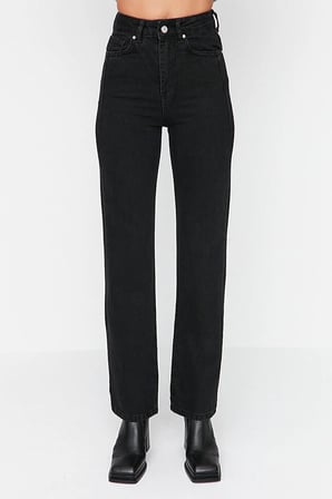 Siyah Rahat Kalıp Wide Leg Jeans - Salaş Süper Yüksek Belli Likralı Kot Pantolonjean