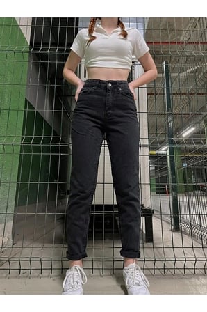 Black Kadın Siyah Solmayan Mom Likralı Jeans Rahat Yüksek Bel Kadın Jeans Pantolon