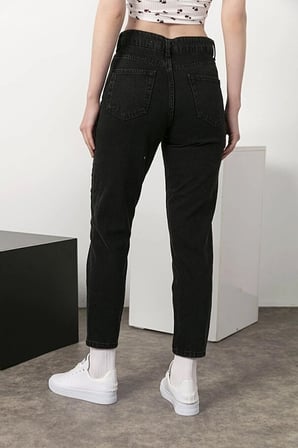Kadın Siyah Solmayan Mom Jeans Likralı Jeans Rahat Yüksek Bel Boyfrend Kadın Jeans Pantolon